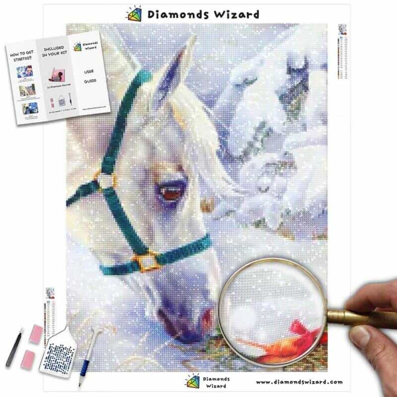 DiamantveiviserDiamond Paintingssett dyr, hest, hvit hest i snølerretet.jpg