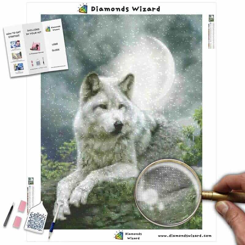 DiamondswizardDiamantmalerei-Set, Tiere, Wolf, Wolf und Vollmond, Leinwand, JPG