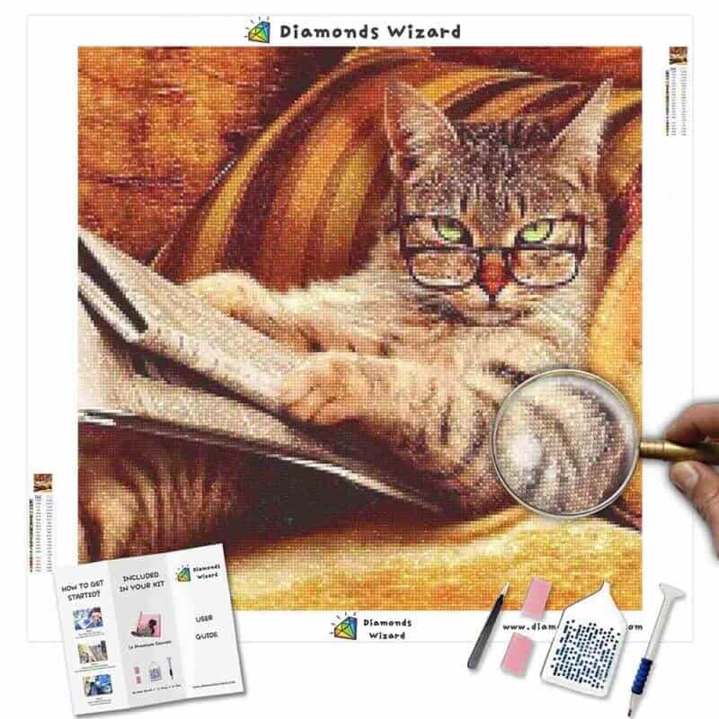 DiamondswizardDiamantmalerei-Sets, Tiere, Katze, Katze liest die Zeitung, Leinwand, JPG