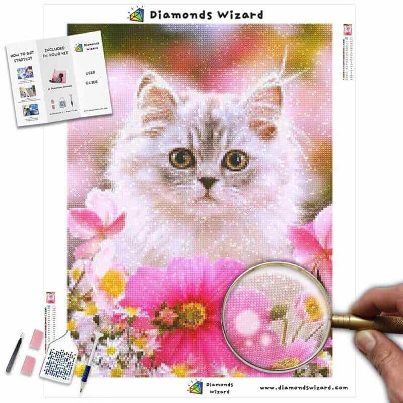 DiamondswizardDiamantmalerei-Set, Tiere, Katze, weiße Katze und rosa Blumen, Leinwand, JPG