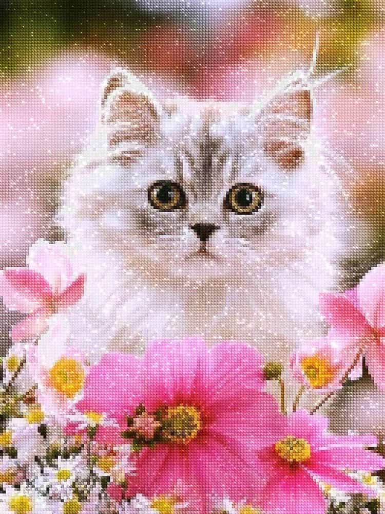 Diamond Painting White Cat And Pink Flowers – Diamonds Wizard