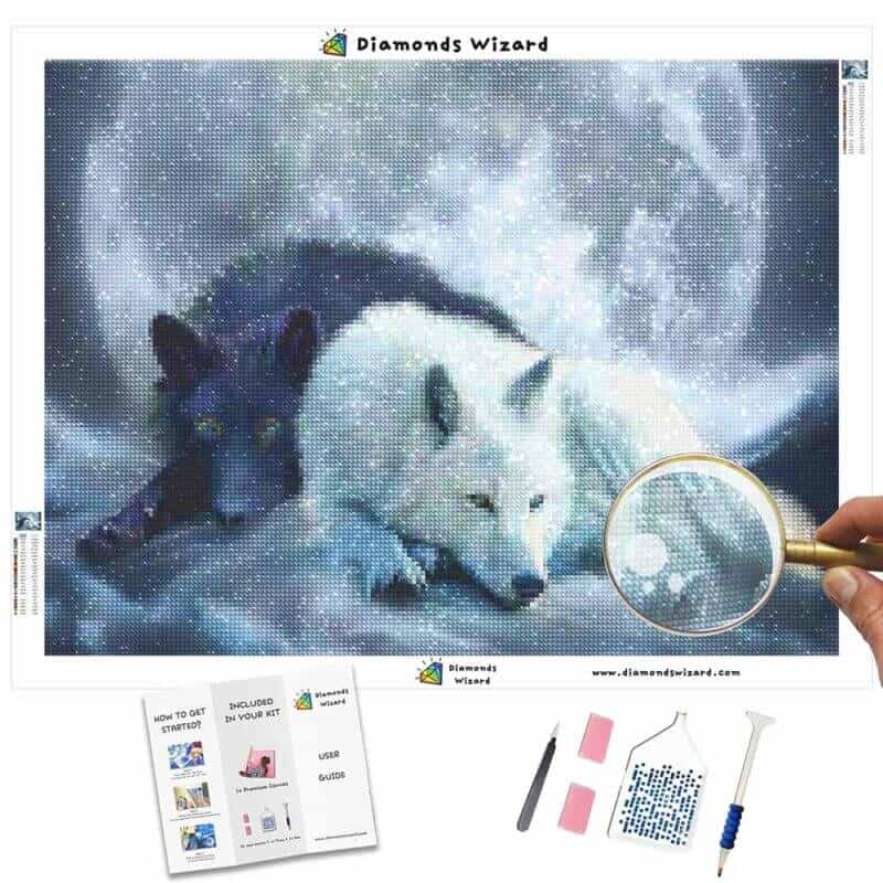DiamondswizardDiamantmalerei-Set, Tiere, Wolf, Schwarz und Weiß, Wölfe und Vollmond, Leinwand, JPG