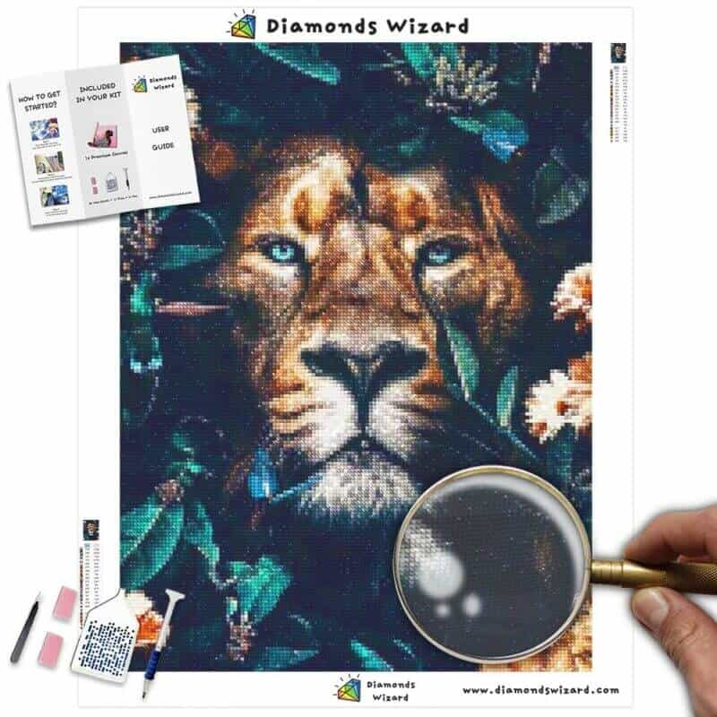 Diamanttroldmanddiamantmalerisæt dyr løve og blomsterscanvasjpg