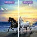 diamenty-czarodziej-diamenty-zestawy do malowania-zwierzęta-koń-zachód słońca-plaża-konie-przed-po-jpg