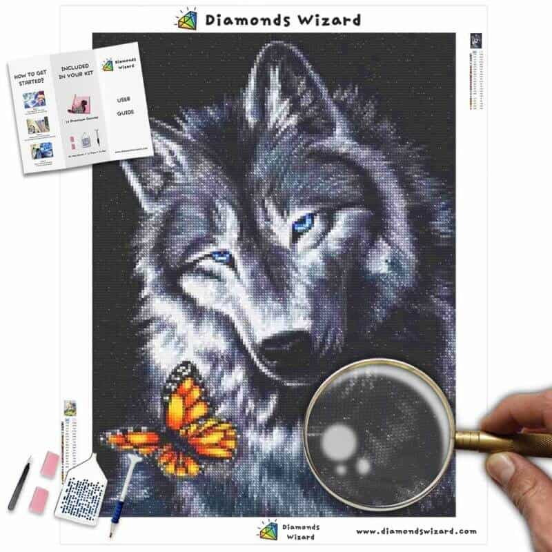 DiamondswizardDiamantmalerei-Set, Tiere, Wolf, Schwarz und Weiß, Wolf mit Schmetterling, Leinwand, JPG