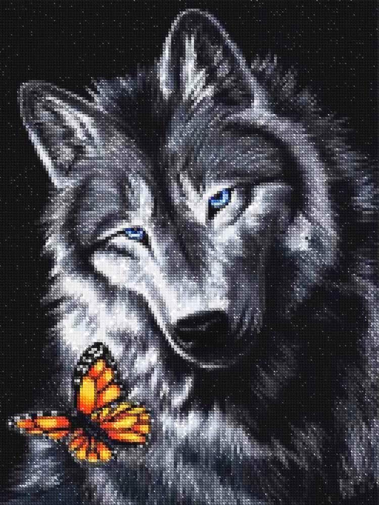 Diamond Painting Black And White Wolf With Butterfly – Diamonds Wizard