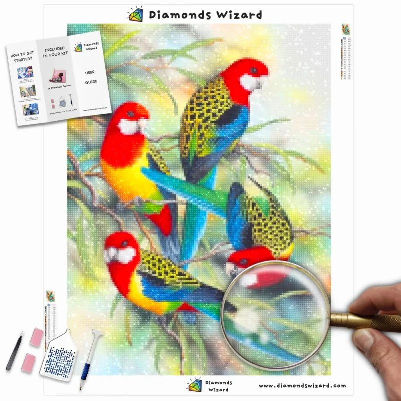 Diamanttrollkarldiamantmålningssatser djur fågelfärgade papegojor på en grencanvawebp