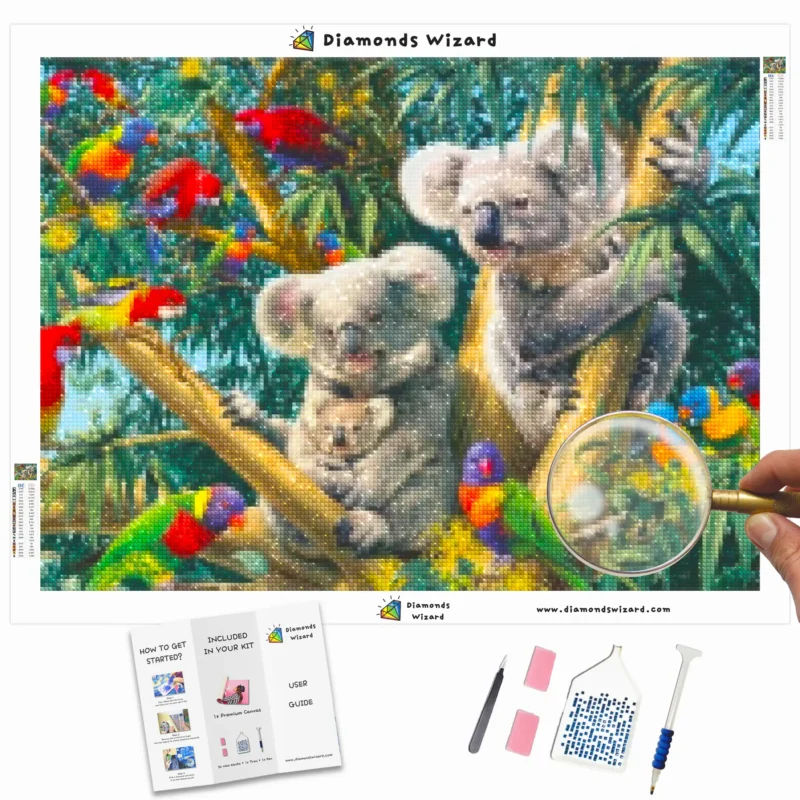 Diamanttrollkarldiamantmålningssatser djur fågelregnbågepapegojor och koalascanvawebp