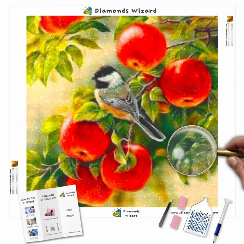 Diamanttrollkarldiamantmålningssatser djur fågelröda äppelträdcanvawebp