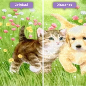 diamonds-wizard-diamond-painting-kits-animals-cat-a-playful-puppy-and-kitten-in-a-field-of-flowers-before-after-webp