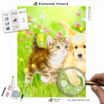 Diamonds-Wizard-Diamond-Painting-Kits-Tiere-Katze-ein-verspielter-Welpe-und-Kätzchen-in-einem-Blumenfeld-Canva-Webp