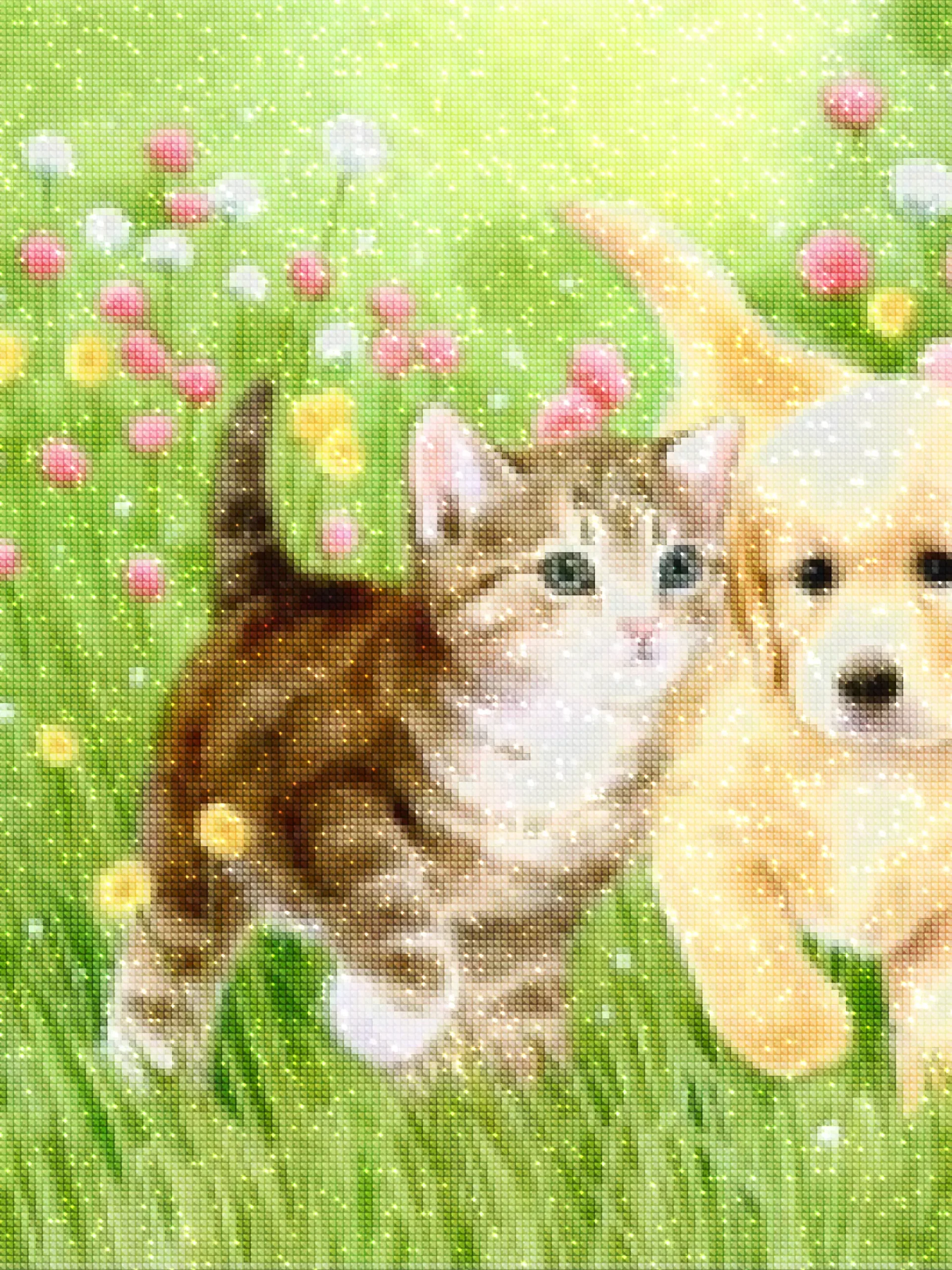 diamanten-tovenaar-diamant-schilderpakketten-dieren-kat-een speelse puppy en kitten in een veld vol bloemen-diamonds.webp