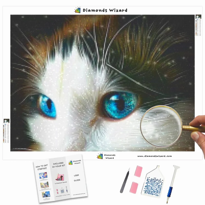 Diamanttrollkarldiamantmålningssatser djurkattfascinerande blåögonskittencanvawebp