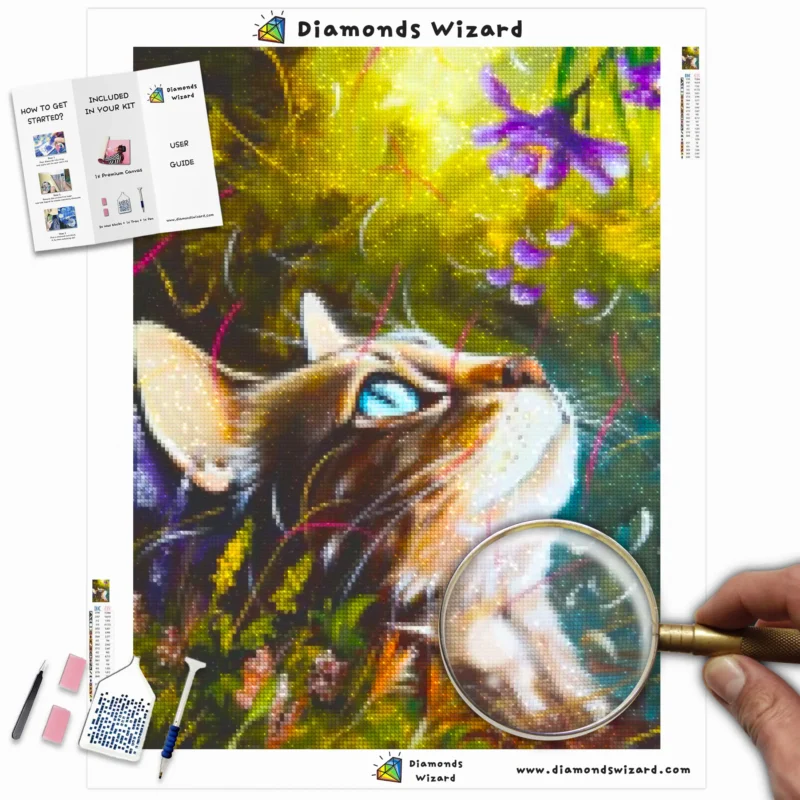 Diamantentovenaardiamantschilderkitsdierenkatkat staren naar bloemenscanvawebp