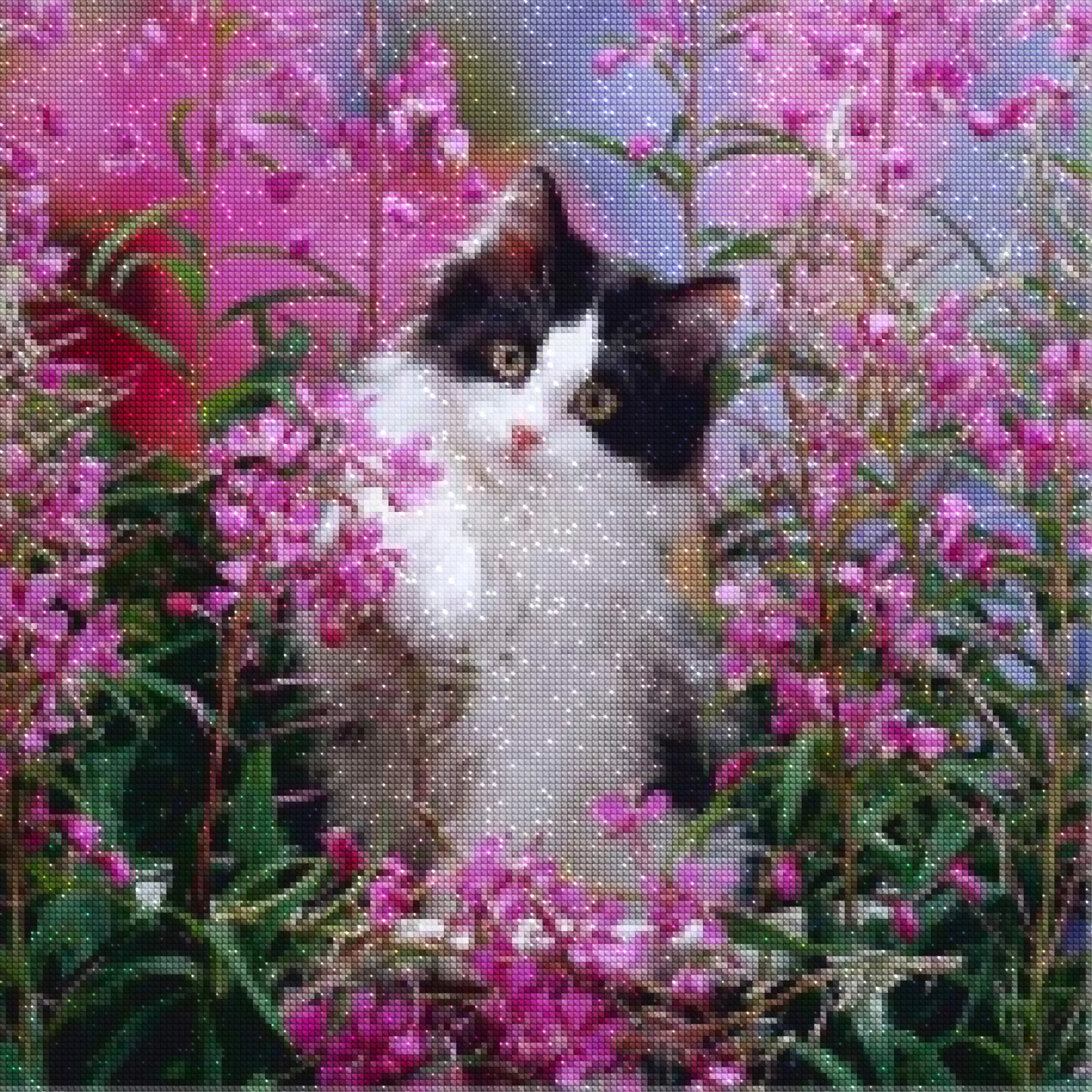 diamanter-veiviser-diamant-malesett-Dyr-Katt-Søt kattunge i blomstrende blomster-diamonds.webp