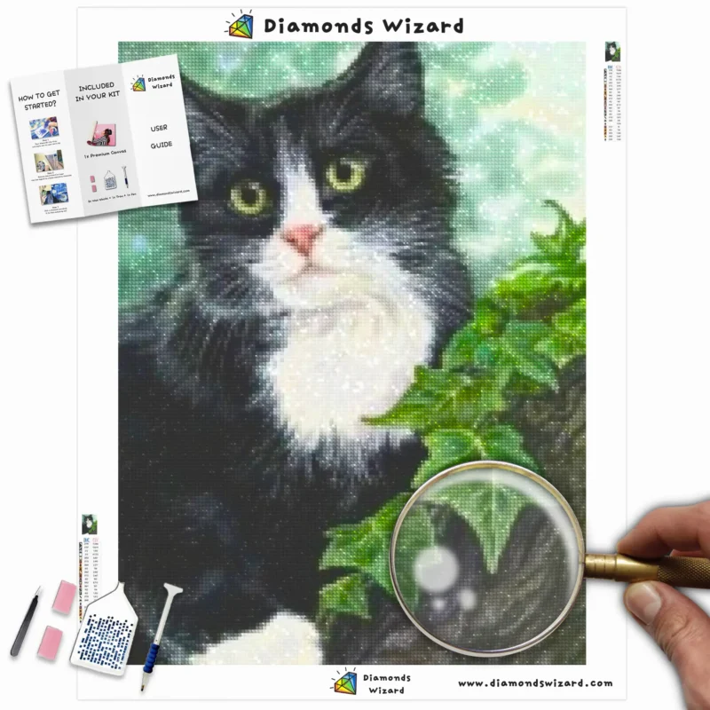 Diamanttrollkarldiamantmålningssatser djurkatter den svarta och vita katten canvawebp
