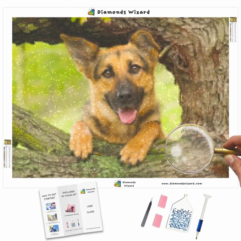 Diamanttroldmanddiamantmalerisæt dyr hund yndig tysk hyrdehvalp i træcanvawebp