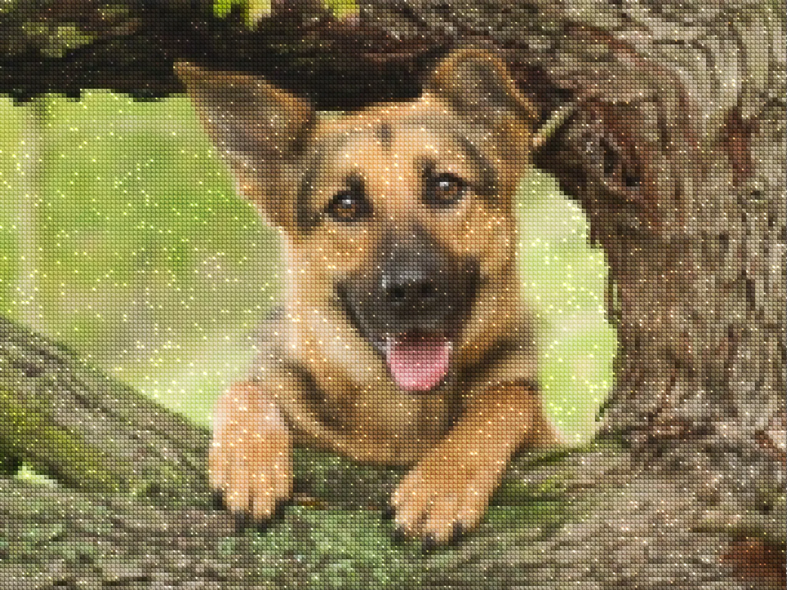 diamanten-tovenaar-diamant-schilderpakketten-dieren-hond-schattige Duitse herderpuppy in een boom-diamonds.webp