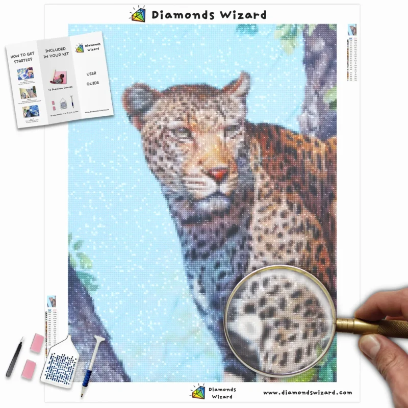 Diamanttrollkarldiamantmålningssatser djurleopardleoparder i trädcanvawebp