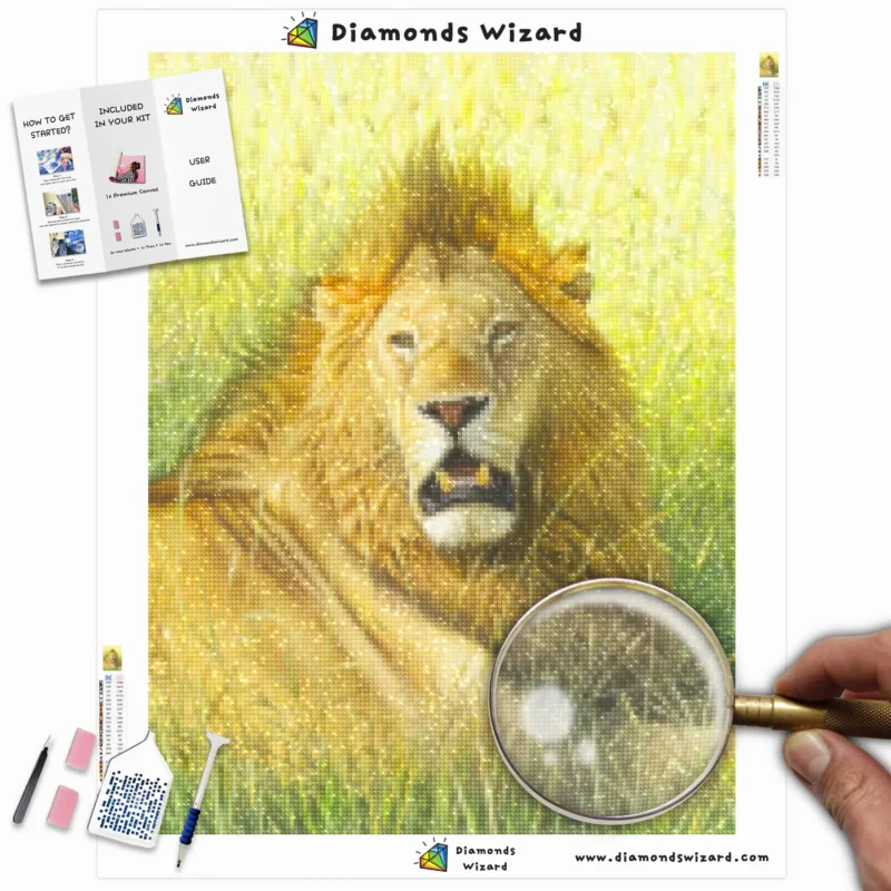 Diamantveiviserdiamantmalingssett dyr løve i gressskanningen webp