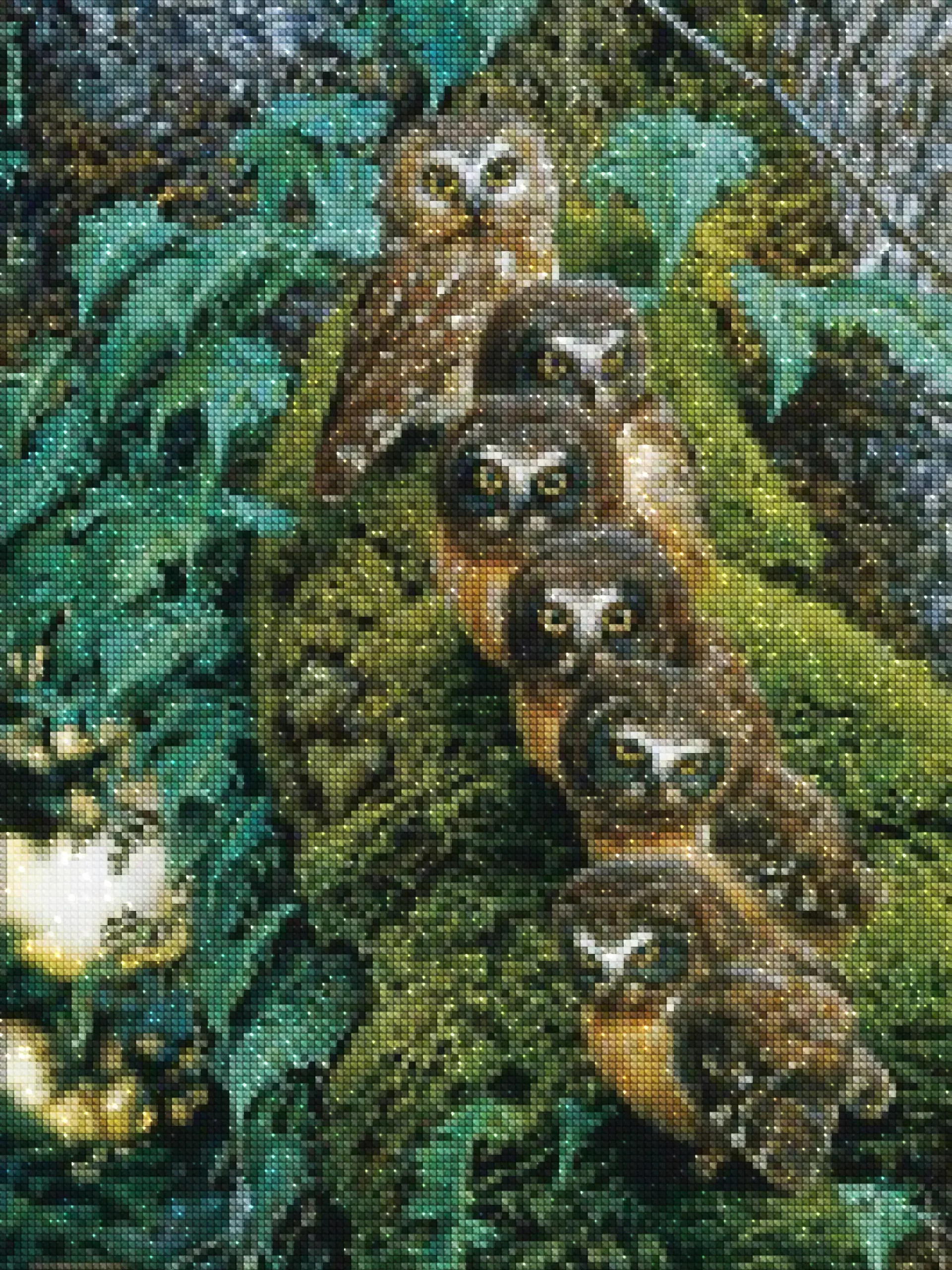 diamonds-wizard-diamond-painting-kits-Animals-Owl-Family Owls on Mossy Log-diamonds.webp