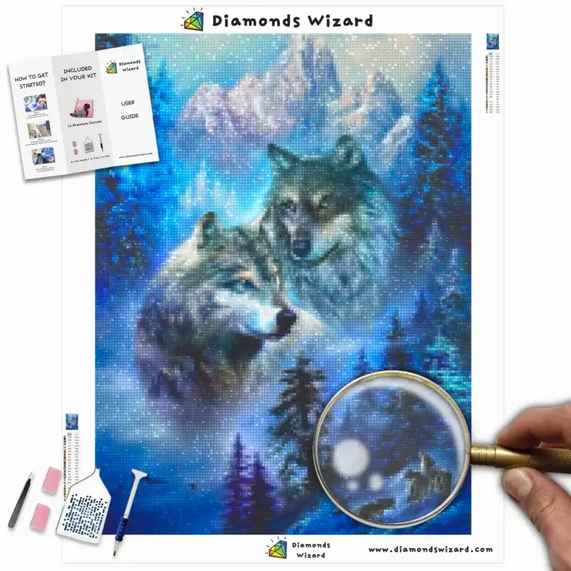 Diamantveiviserdiamantmalingssett dyr ulv som omfavner ekkoer ulver under nordlysetscanvawebp