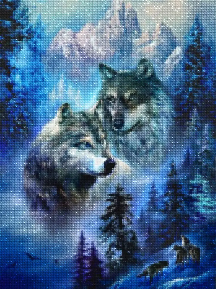 diamonds-wizard-diamond-painting-kits-Animals-Wolf-Embracing-Echoes:-Wolves-Under-the-Northern-Lights-diamonds.webp