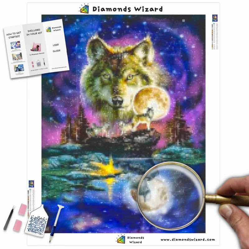 Diamantentovenaardiamantschilderkitsdierenwolfhuilende wolfonder het maanlichtcanvawebp
