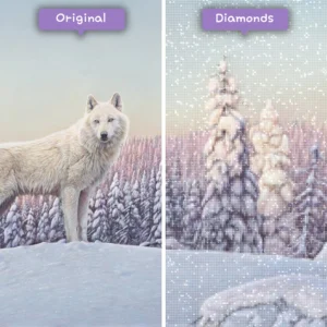 Diamanten-Zauberer-Diamant-Malerei-Sets-Tiere-Wolf-weißer-Wolf-stehend-auf-einem-schneebedeckten-Hügel-vorher-nachher-webp