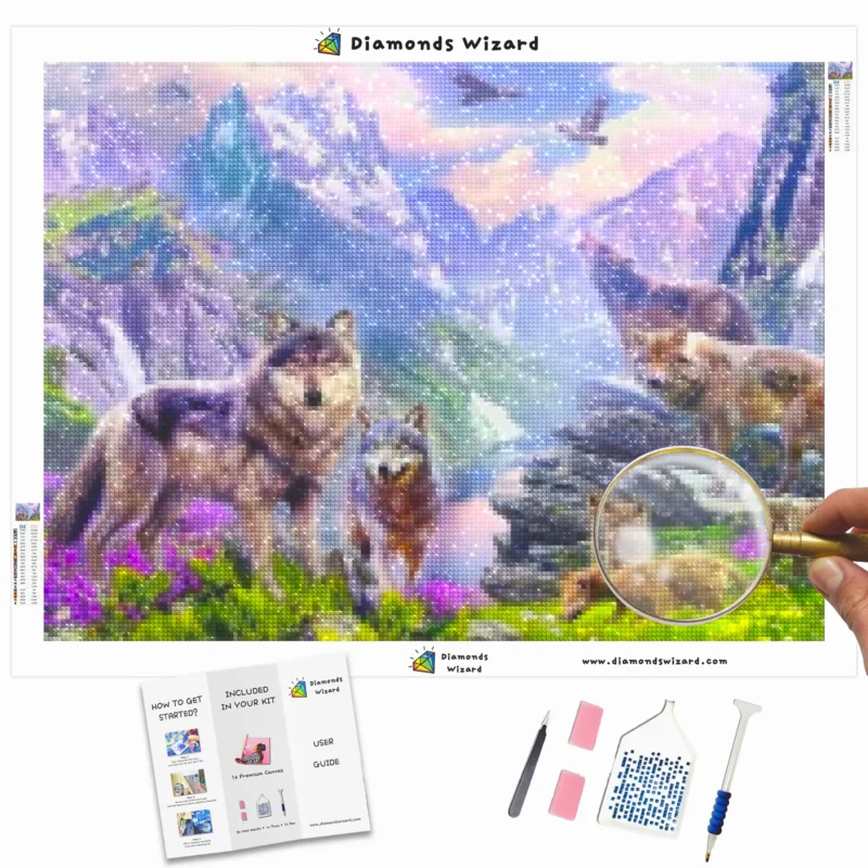 Diamantveiviserdiamantmalingssett dyr ulveflokk i fjelletscanvawebp