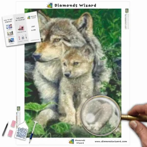 kits de pintura-de-diamantes-mago-de-diamantes-animales-lobo-lobo-y-cachorro-sentados-en-un-bosque-canva-webp