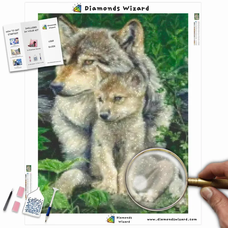 Diamantveiviserdiamantmalesettdyr ulv og unger som sitter i skogcanvawebp