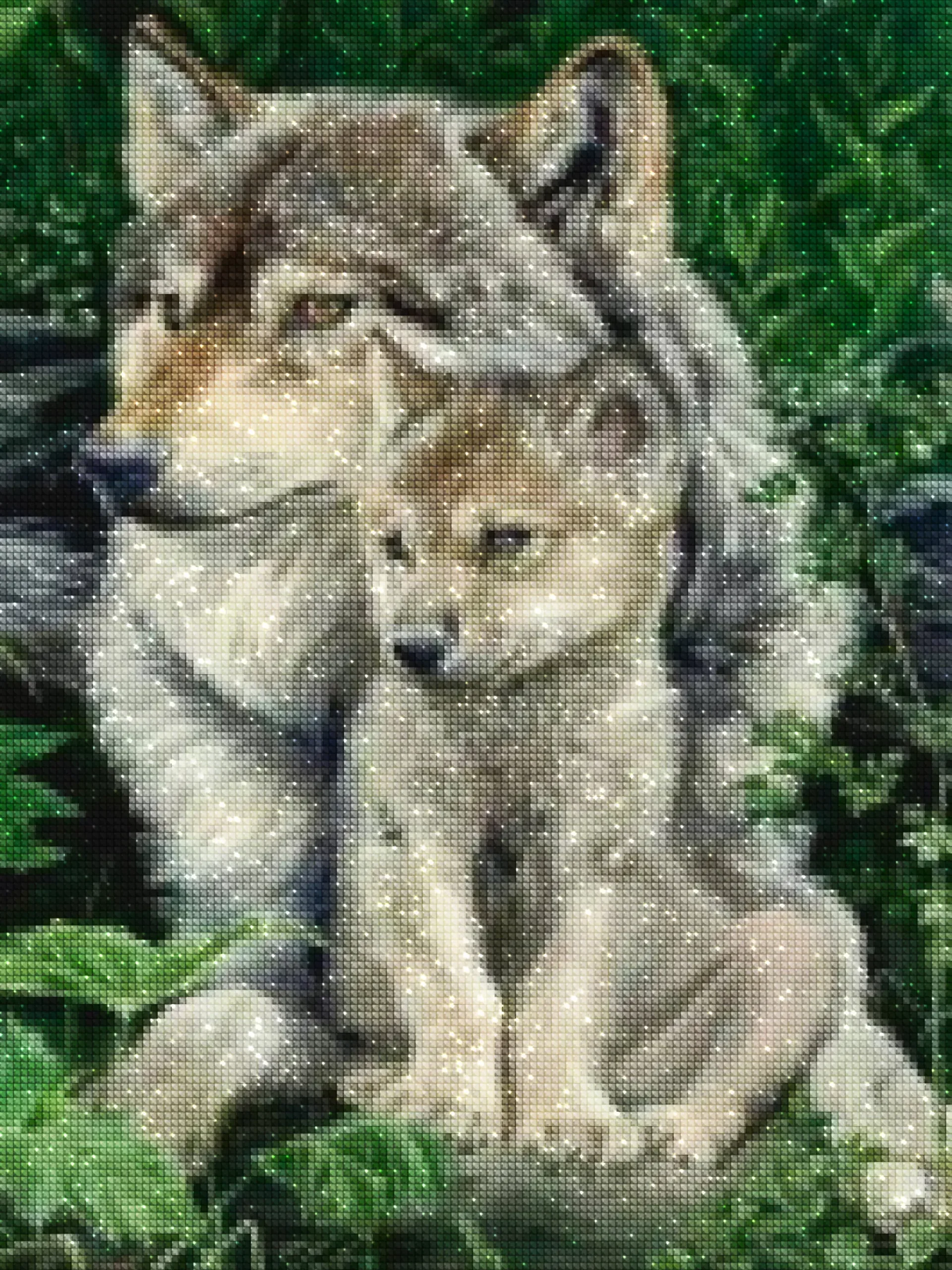 diamanten-tovenaar-diamant-schildersets-dieren-wolf-wolf en welp zittend in een bos-diamonds.webp