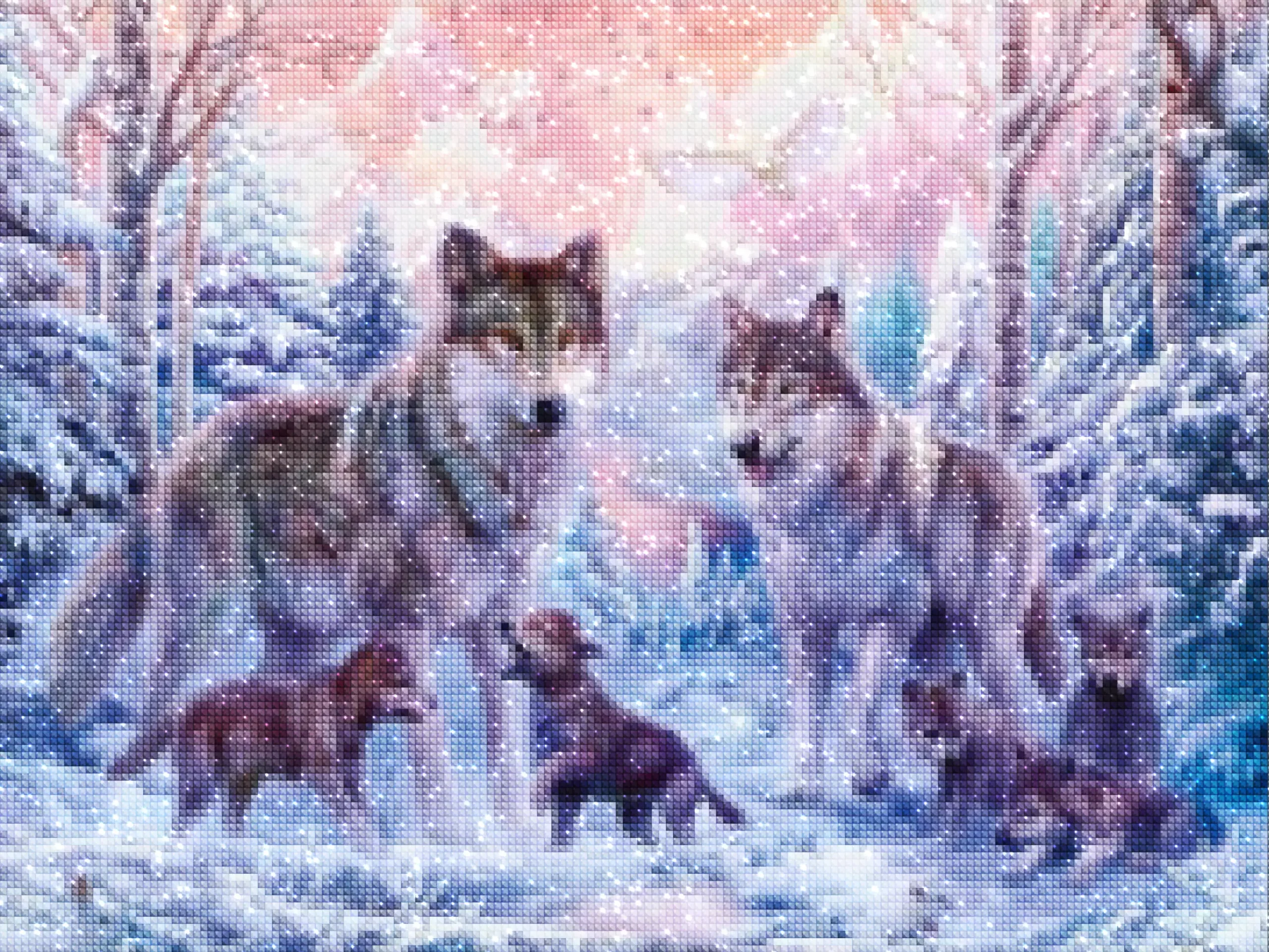 diamenty-czarodziej-zestawy-do-diamentowego-malowania-Zwierzęta-Wilk-Rodzina Wilków w Śniegu-diamenty.webp