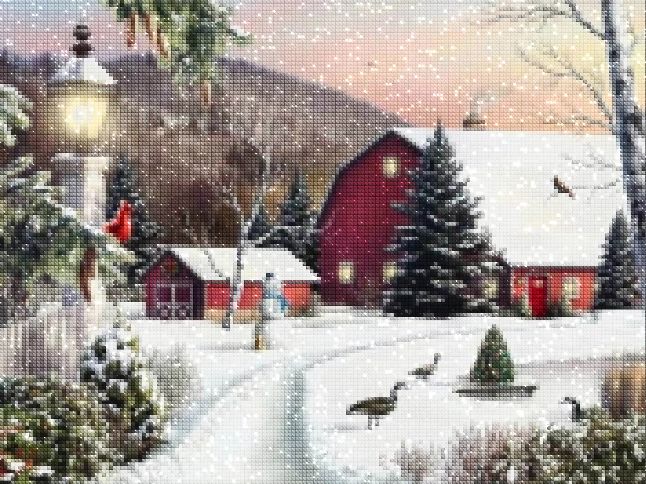 Diamonds-Wizard-Diamond-Painting-Kits-Events-Christmas-Red Barn in the Snow-diamonds.webp