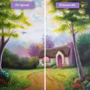 diamants-wizard-diamond-painting-kits-paysage-forêt-enchanted-meadow-cottage-avant-après-webp