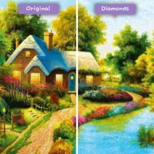 kits de pintura-de-diamante-mago-de-diamantes-paisaje-cabaña-rústica-de-río-junto-al-arroyo-antes-después-webp