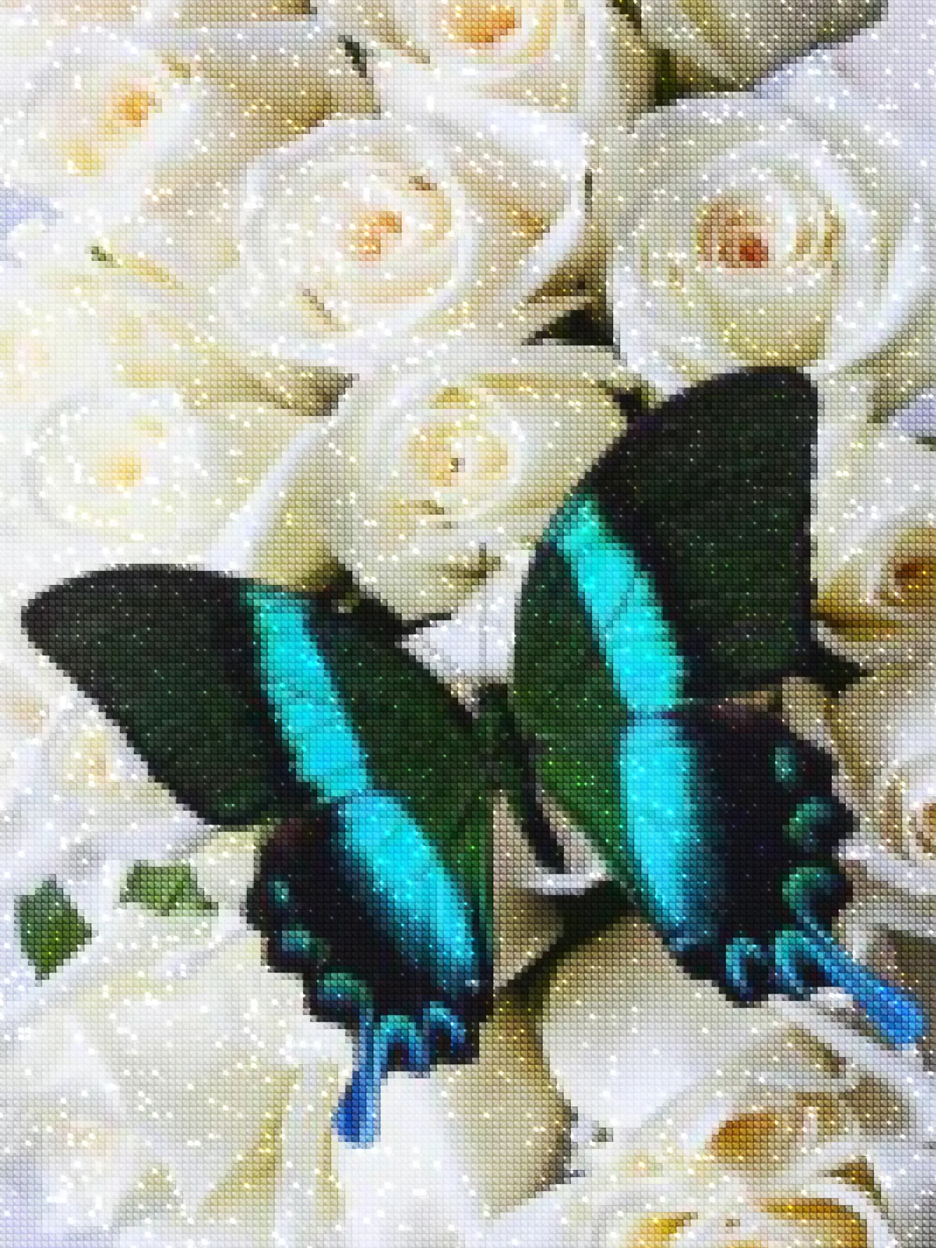 diamanti-mago-kit-pittura-diamante-natura-farfalla-farfalla su un mazzo di rose bianche-diamonds.webp