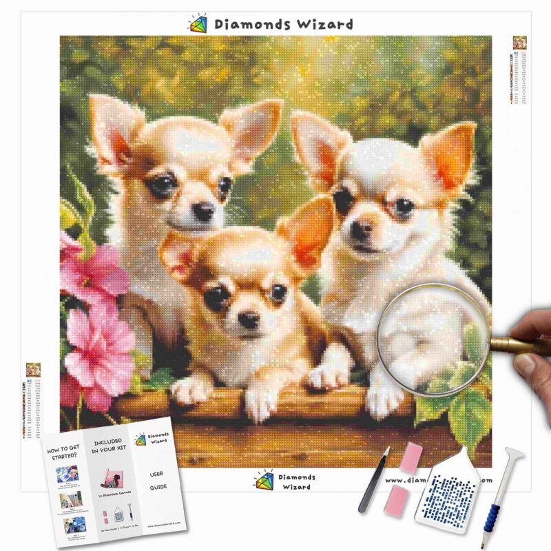 Diamentowyczarodziejdiamentowyzestaw do malowaniazwierzętapiesuroczychihuahuatriocanvajpg