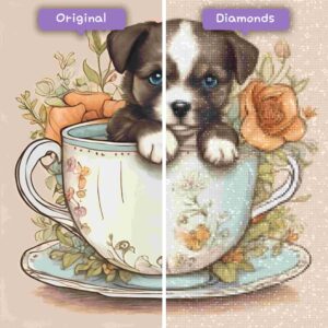 Kits de pintura con diamantes de Diamonds Wizard: animales, perro, cachorro en una taza de té, antes y después, jpg