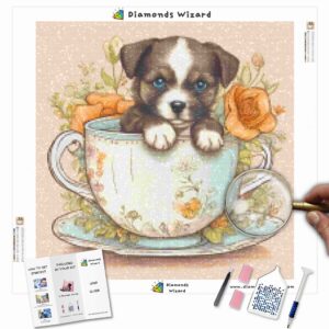 Kits de pintura con diamantes de Diamonds Wizard, animales, perro, cachorro en una taza de té, lienzo, jpg