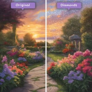 diamants-wizard-diamond-painting-kits-paysage-coucher de soleil-jardin-de-lumière-dorée-avant-après-jpg