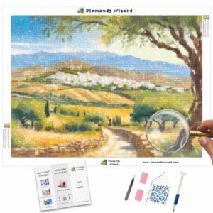 Kits de pintura con diamantes de Diamondswizard para viajes, Grecia, Axos, campo, lienzo, jpg