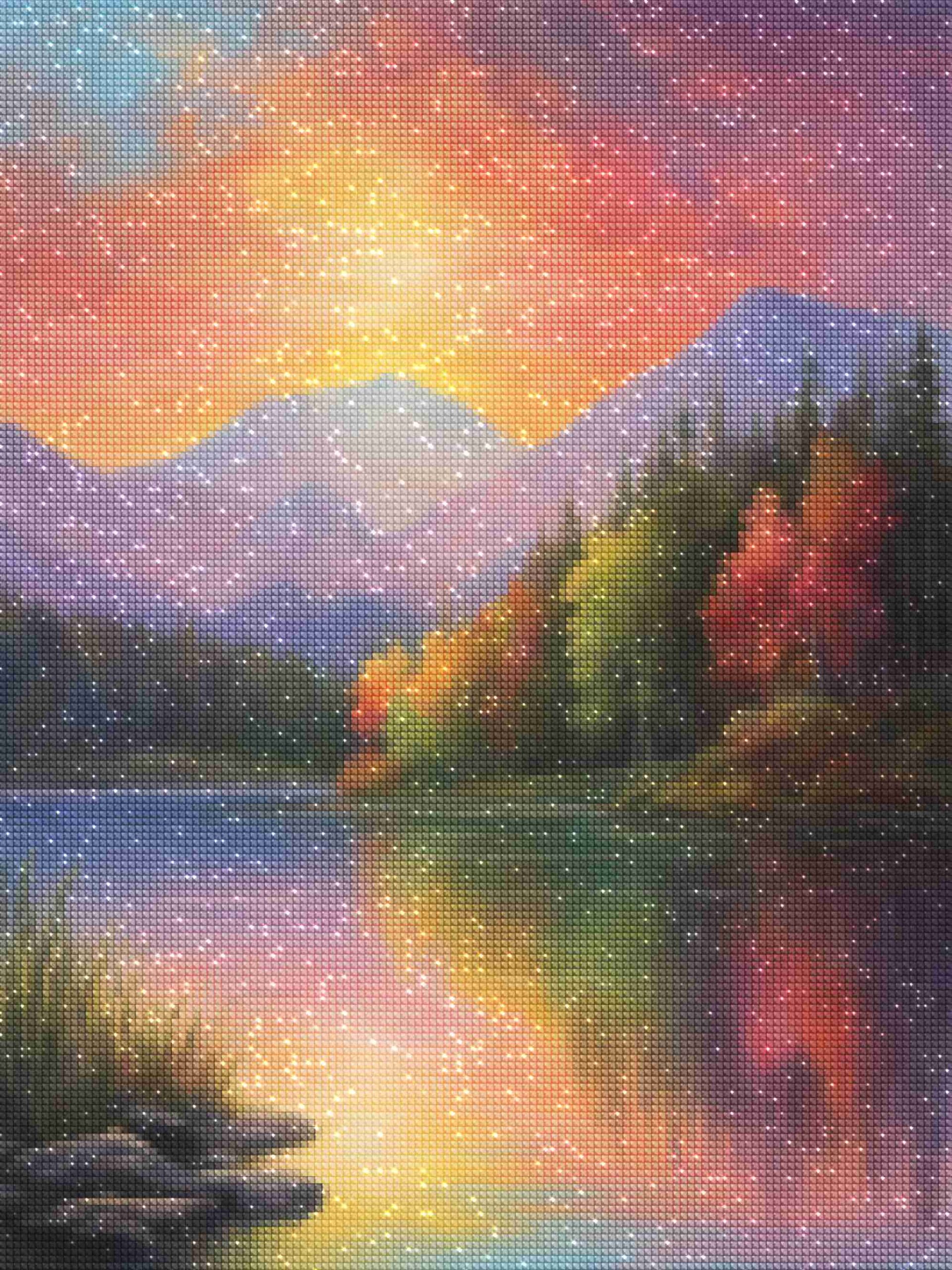 Kits de pintura con diamantes de Diamond Wizard: paisaje, lago, espectro, serenidad: reflejo del atardecer en el lago, diamantes.jpg