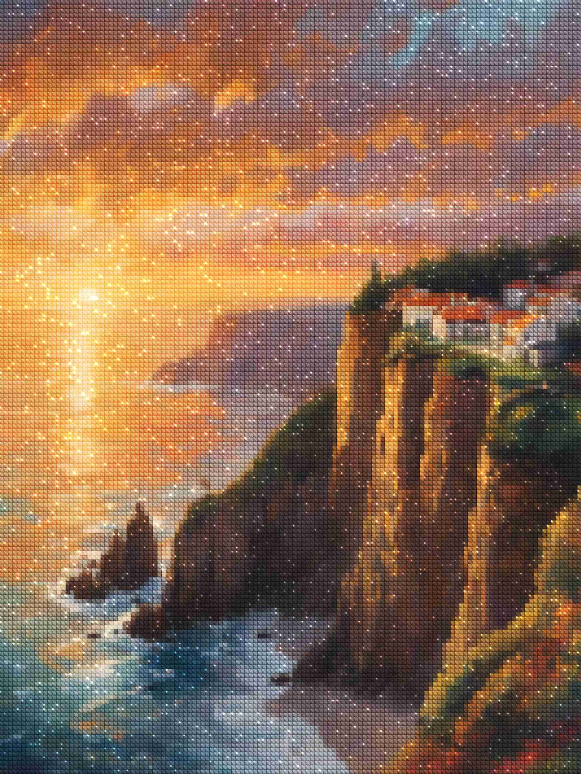 Kits de pintura con diamantes de Diamond Wizard: paisaje, puesta de sol, acantilado, crepúsculo dorado, diamantes.jpg