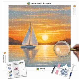 Kits de pintura con diamantes de Diamond Wizard: paisaje, puesta de sol, vela bañada por el sol, serenidad, lienzo, jpg