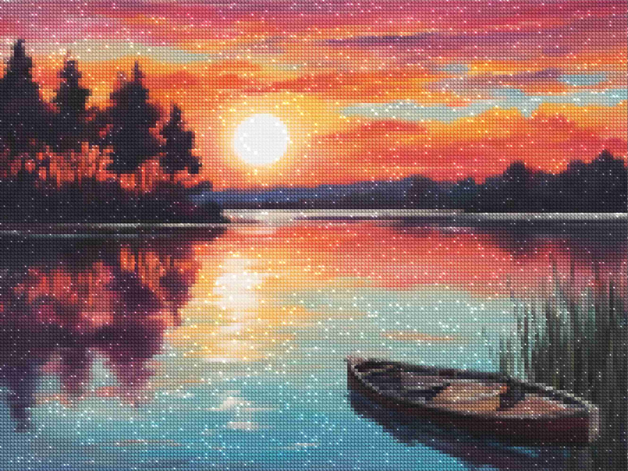 Kits de pintura con diamantes de Diamonds Wizard: paisaje, puesta de sol, serenidad iluminada por el sol, reflejos, diamantes.jpg