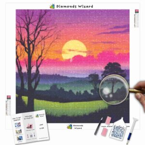 Kits de pintura con diamantes de Diamond Wizard, paisaje, puesta de sol, puesta de sol, serenidad, siluetas, lienzo, jpg