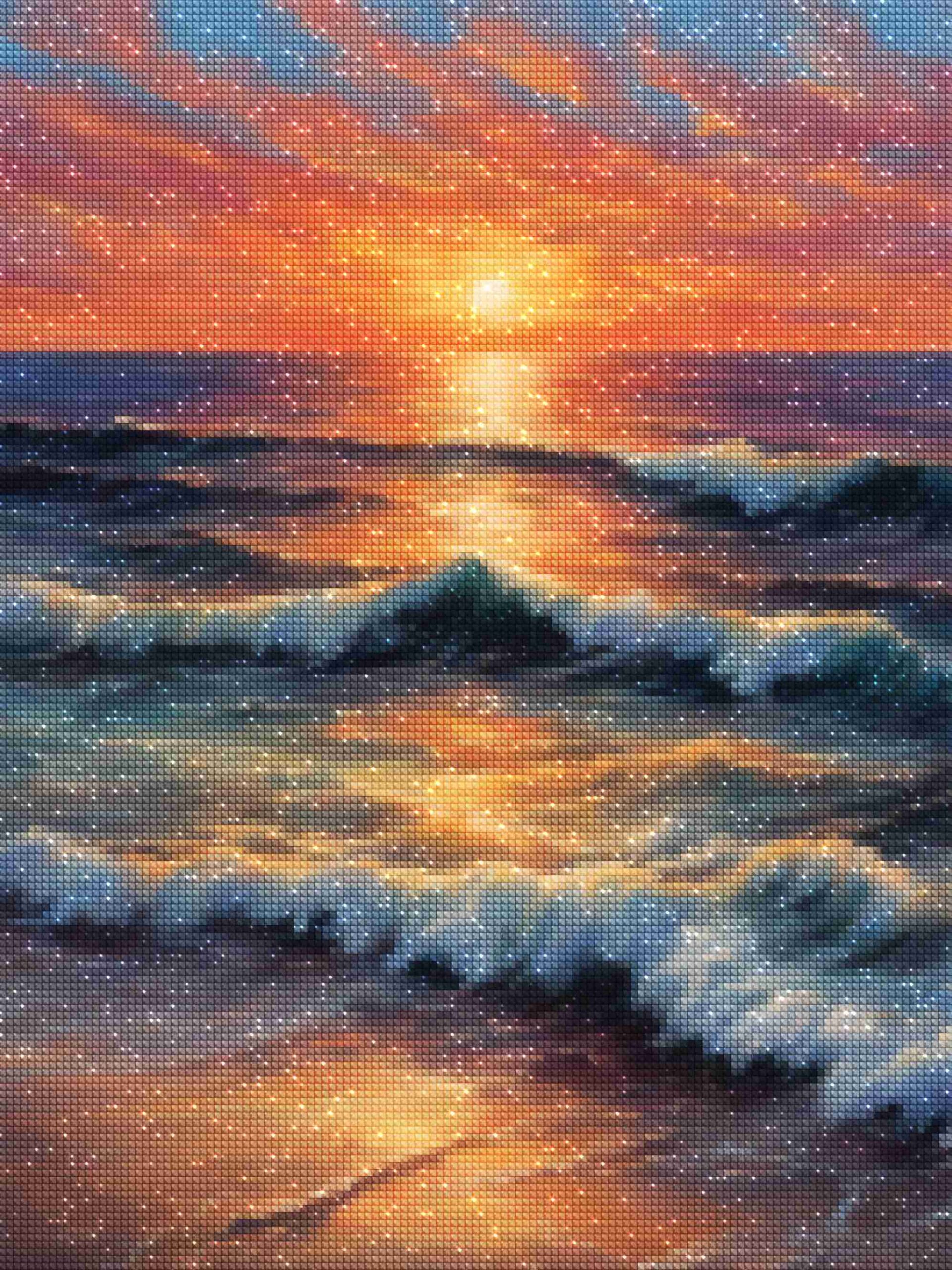 Kits de pintura con diamantes de Diamonds Wizard: paisaje, puesta de sol, esplendor del atardecer, reflejos de diamantes.