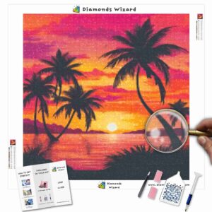 Kits de pintura con diamantes de Diamond Wizard, paisaje, puesta de sol, crepúsculo tropical, brillo, lienzo jpg